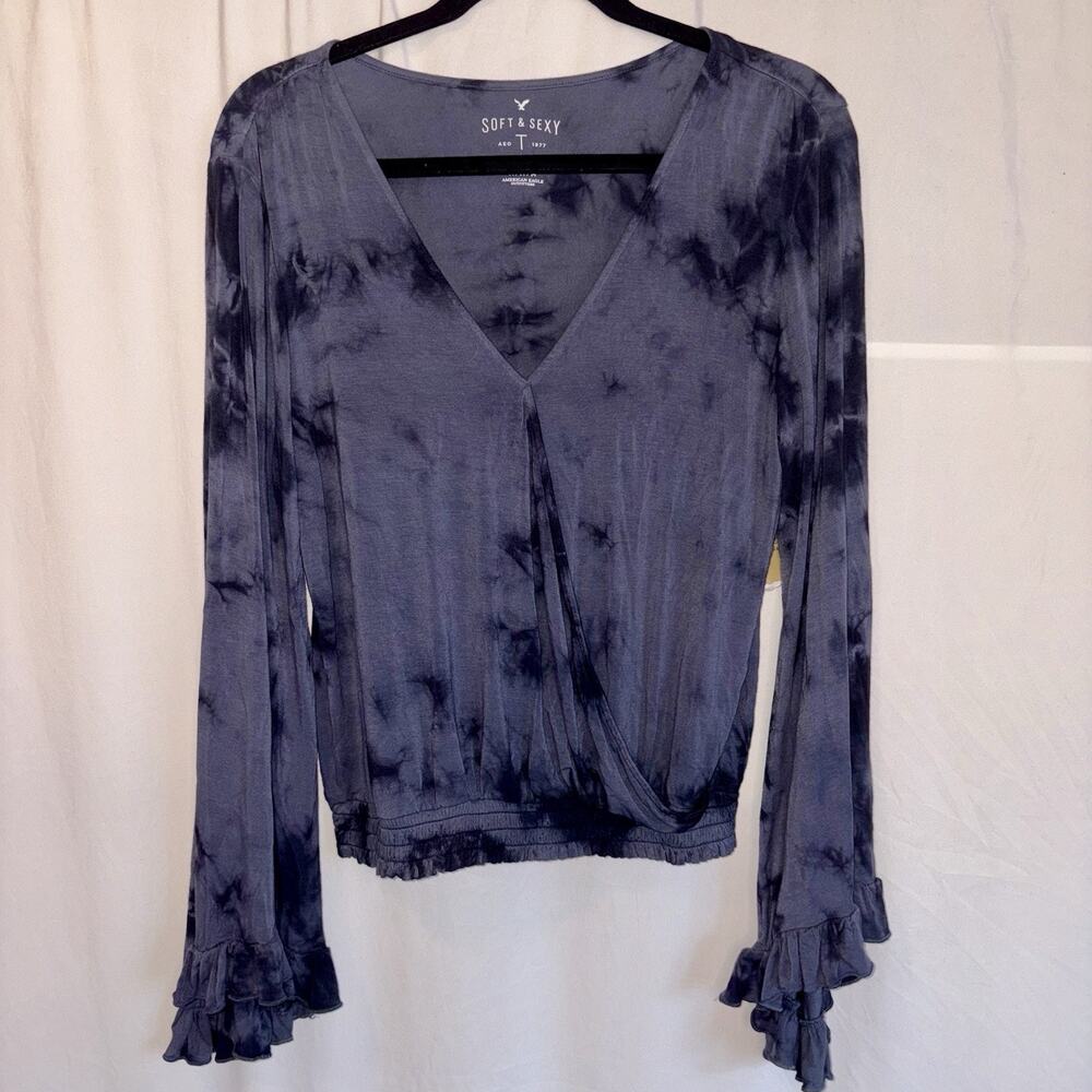 American Eagle Soft & Sexy Navy Blue Tie Dye Long Bell Sleeves Boho Festival NWT